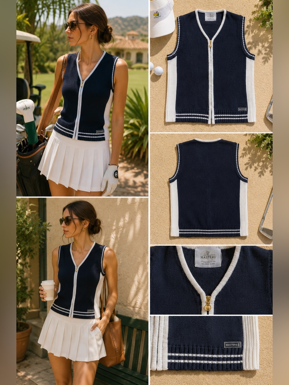 Masters Collection Golf Vest Black White Zip Knit Sweater Vest Small